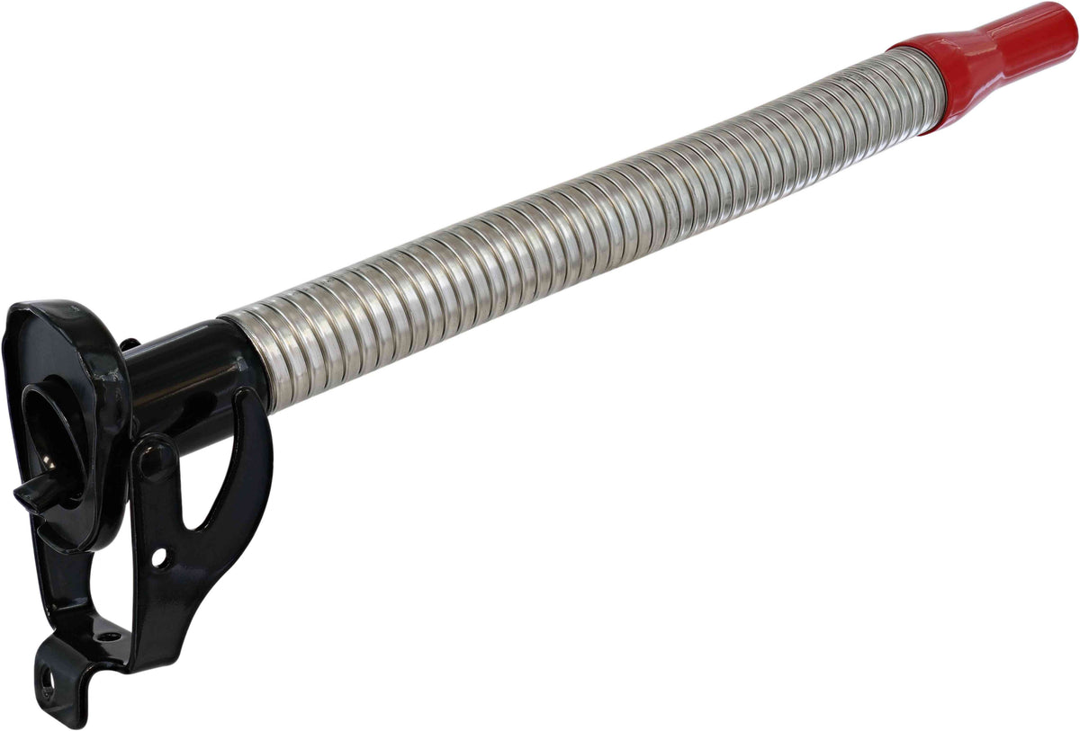 Flexibles Auslaufrohr für Metallkanister, 20 mm Durchmesser, mit rotem Kunststoffaufsatz, ideal für Benzintanks.