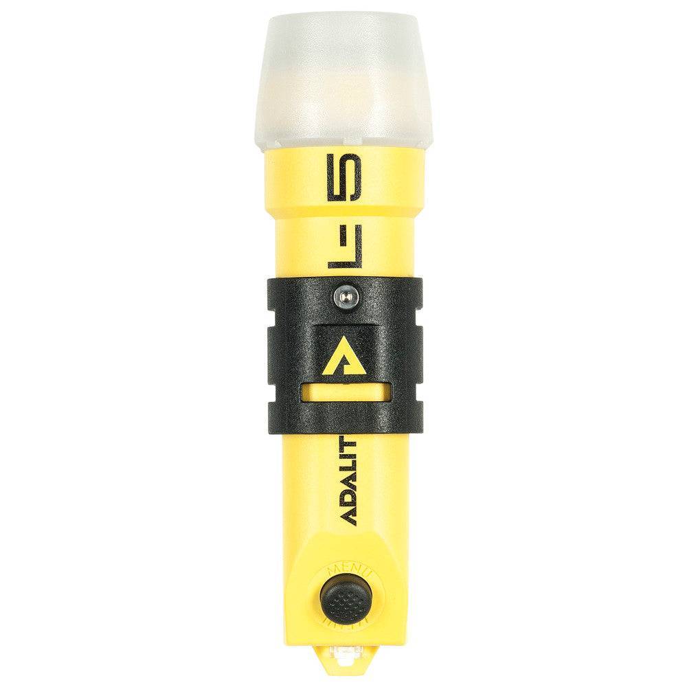 Vorderansicht der Adalit L-5 Plus Sensor-Helmlampe in Gelb – kompaktes Zubehör für Feuerwehrhelme mit intelligenter LED-Technologie.