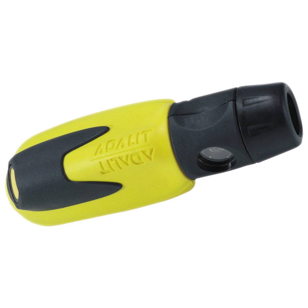 Helmlampe Adalit L-10 in kompakter Bauweise mit gelbem Gehäuse und schwarzem Lampenkopf, ideal für Feuerwehrhelme. Leichteste Helmlampe mit Lithium-Ionen-Akku.