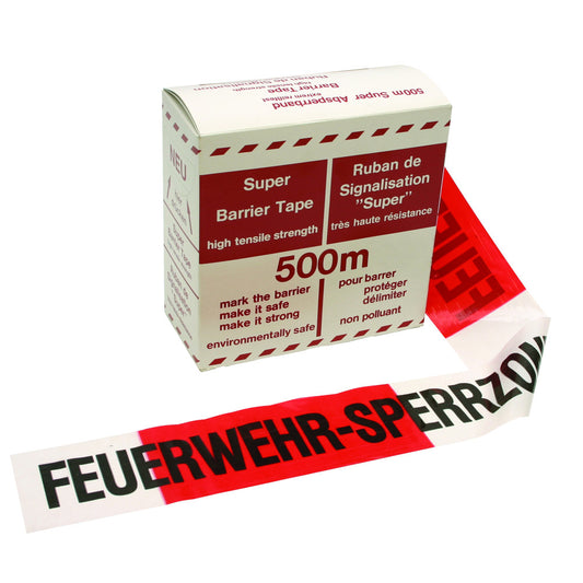 Feuerwehr-Sperrzone Absperrband in Rot/Weiß, 500m lang. Hochreißfestes und lichtechtes Polyethylenband für sichere Absperrungen im Einsatzbereich.