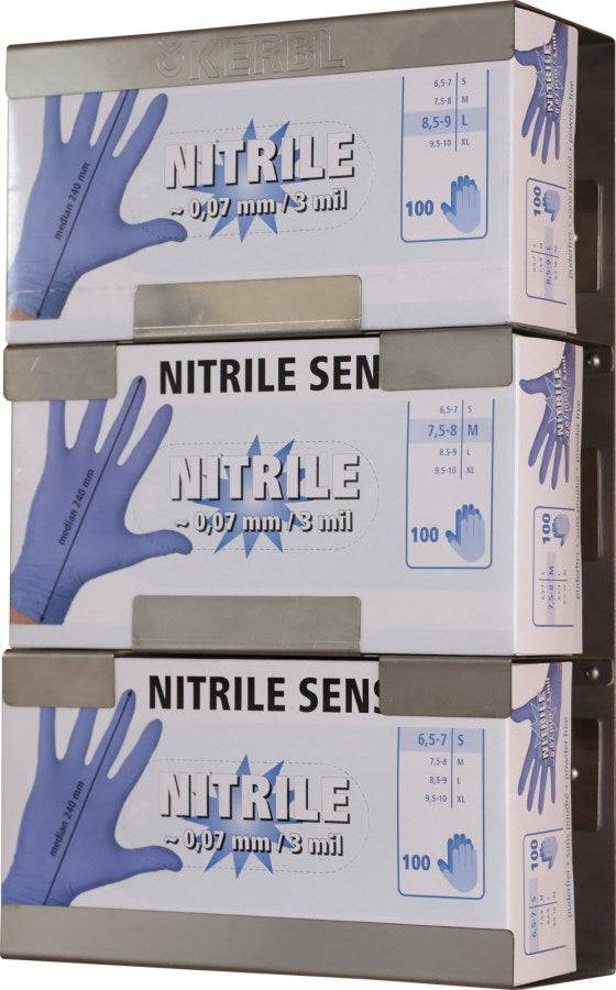 Einmalhandschuh Spender 3-fach mit drei Packungen Nitrilhandschuhe. Praktische Wandhalterung für hygienische Entnahme in medizinischen und industriellen Bereichen.