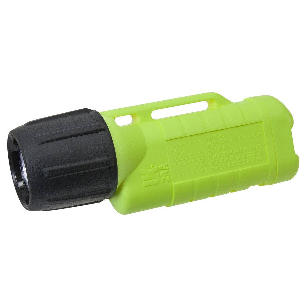 Helmlampe UK 2AA eLED in Neon-Gelb mit schwarzem Lampenkopf – robustes Zubehör für Feuerwehrhelme, passend zur Adalit Handleuchte L-3000.
