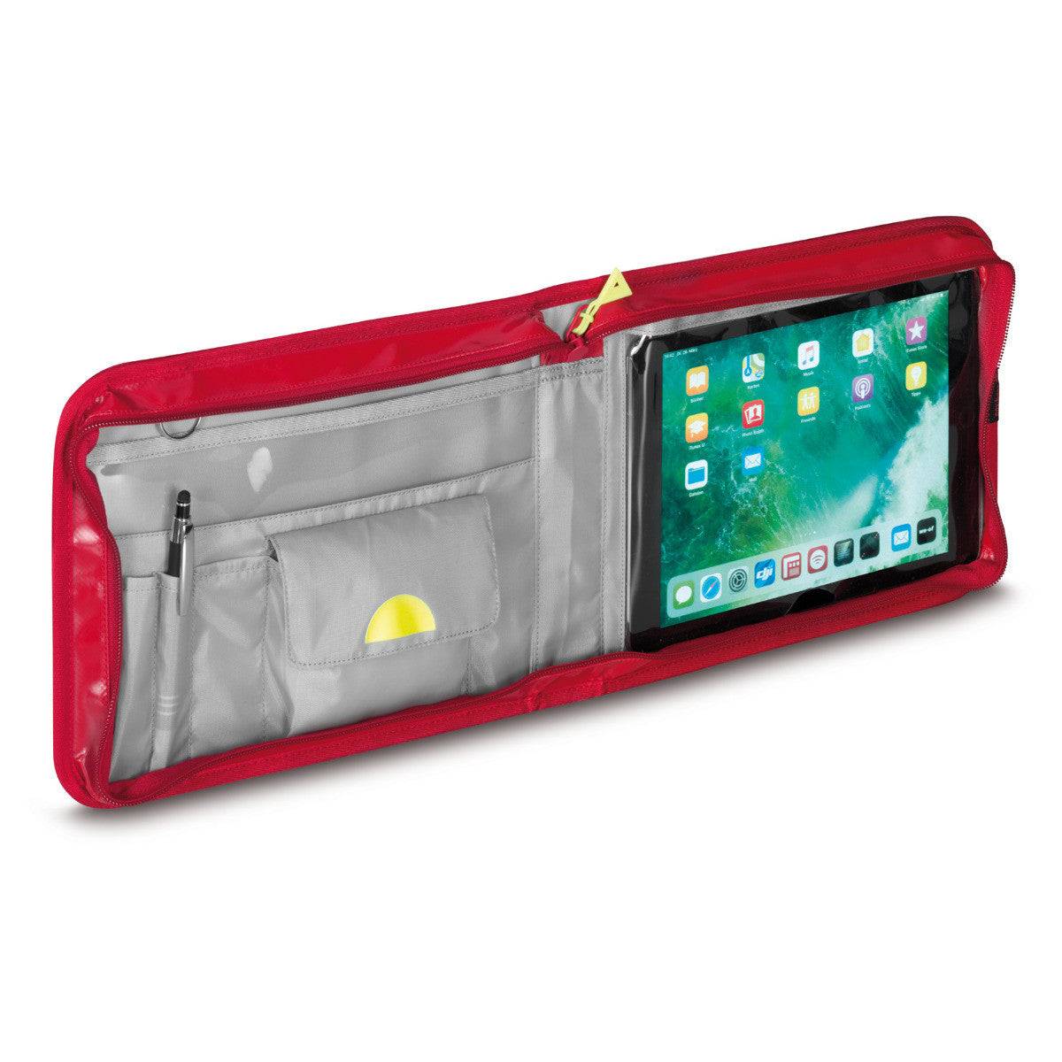 Geöffnetes Fahrtenbuch DIN A5-quer Tablet PAX mit Tablet-Fach, Stifthalter und Fächern – perfekt für mobile Notizen und Organisation.