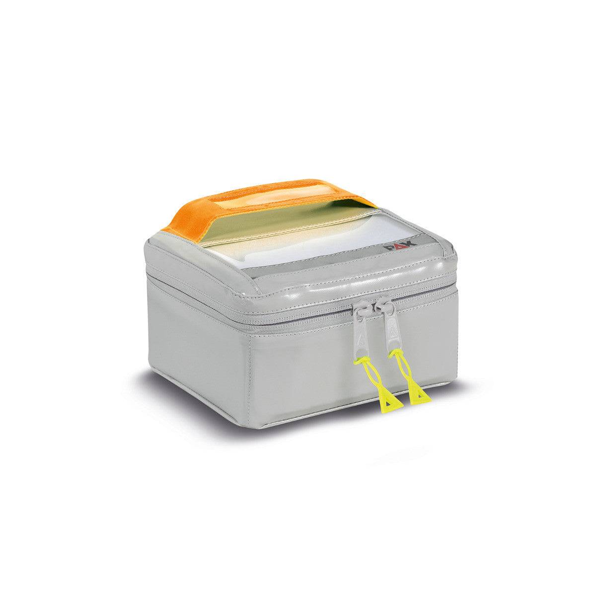 PAX Klarsichtmodul P5/11 - MB mit orangefarbenem Griff, ideal zur strukturierten Aufbewahrung medizinischer Utensilien im Notfalleinsatz.