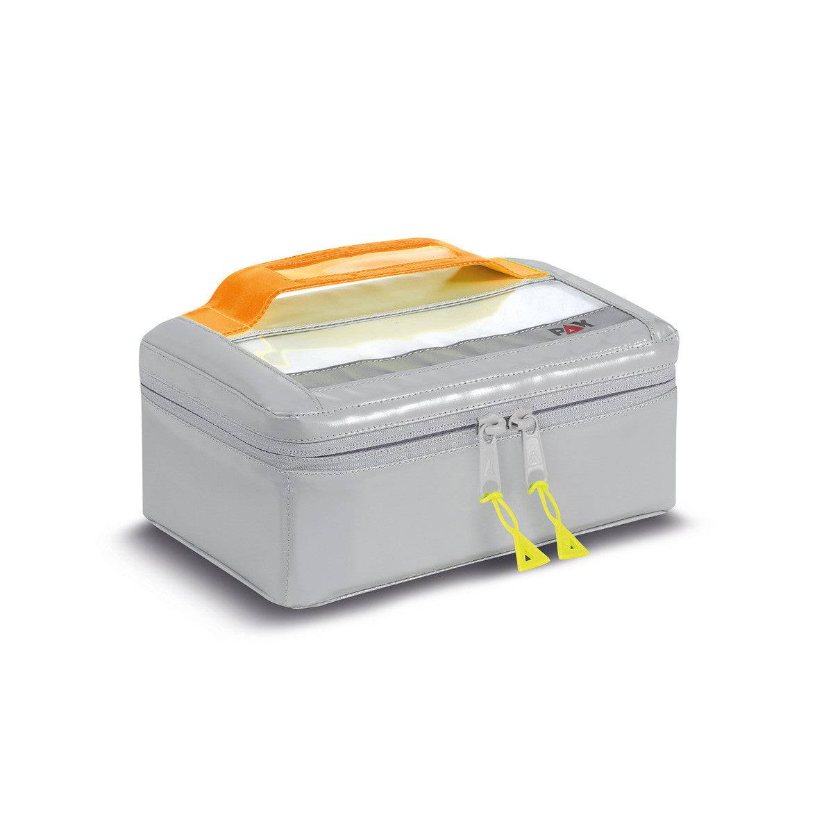 PAX Klarsichtmodul P5/11 - ML mit orangefarbenem Griff, stabile Innentasche für Erste-Hilfe-Sets mit transparentem Deckel und Beschriftungsfeld.