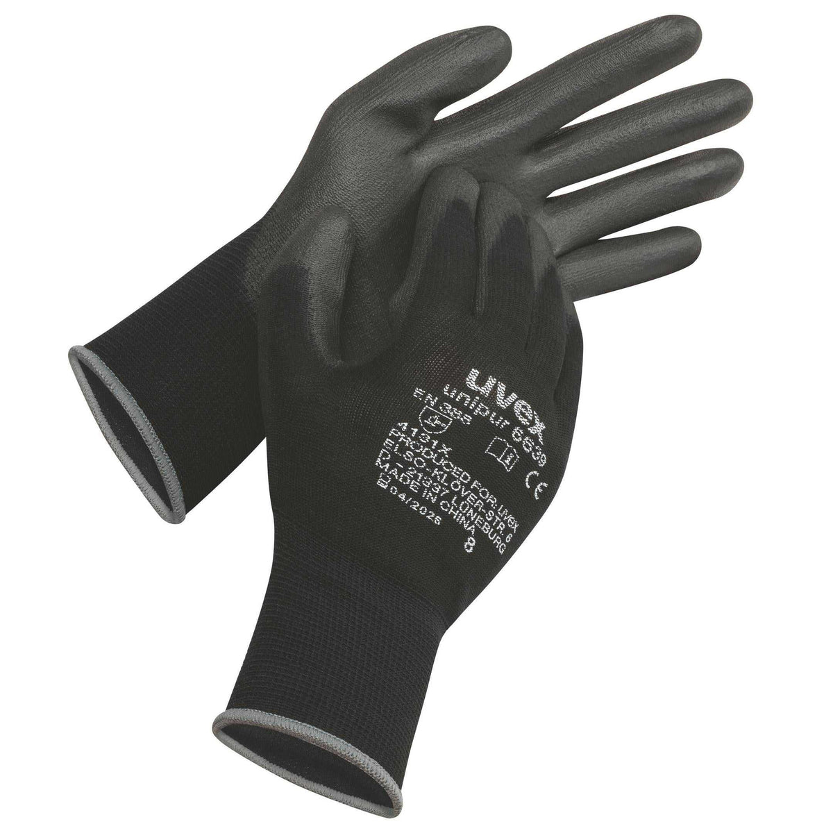 uvex unipur 6639 Handschuhe für Präzisionsarbeiten mit schwarzer PU-Beschichtung und nahtlosem Träger für optimalen Griff und Tragekomfort.
