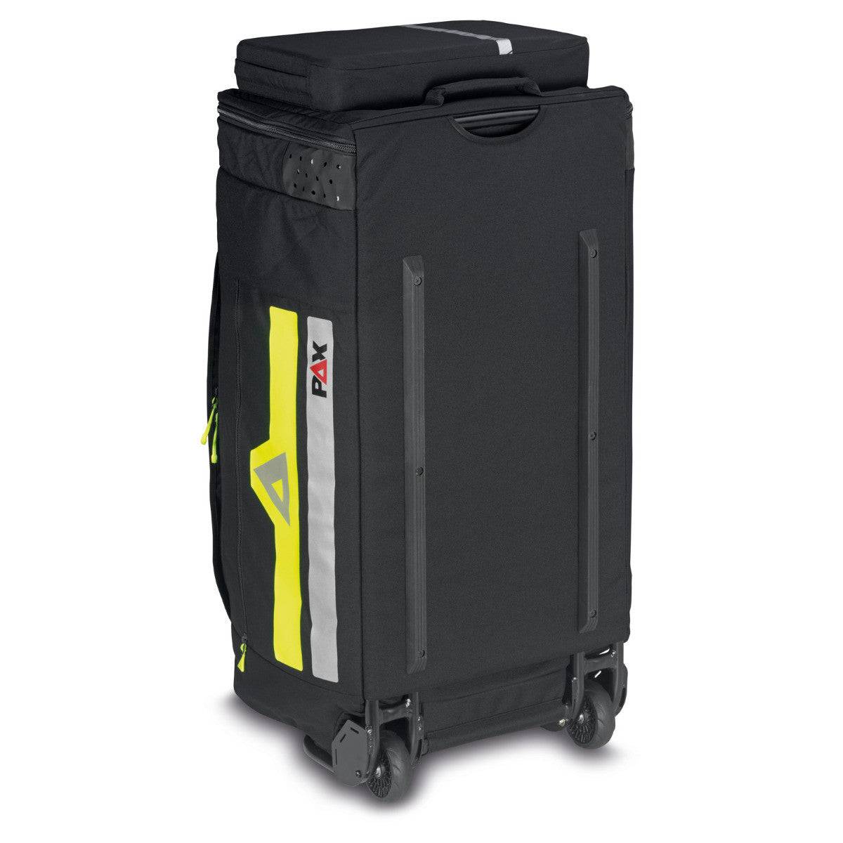 PAX Bekleidungstrolley XL aufrecht stehend mit robustem Aluminiumrahmen, leichtlaufenden Rollen und reflektierenden Streifen für sicheren Transport.