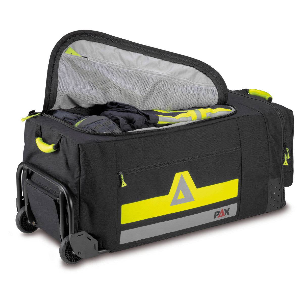 Geöffneter PAX Bekleidungstrolley XL mit großem Hauptfach, Aluminiumrahmen und reflektierenden Elementen für optimale Organisation und Sichtbarkeit.