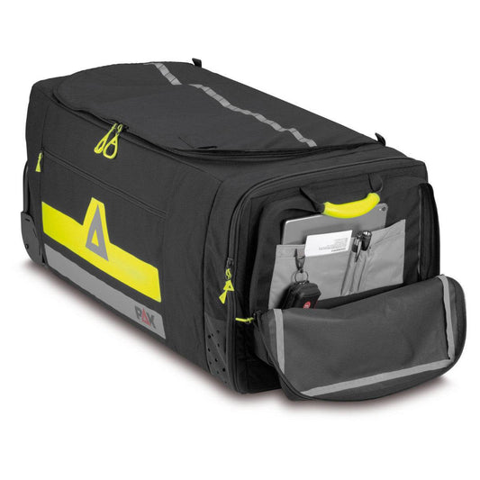 PAX Bekleidungstrolley XL mit Aluminiumrahmen zeigt Front-Organizerfach mit Schlüsselclip und Dokumentenfach für strukturierten Stauraum.