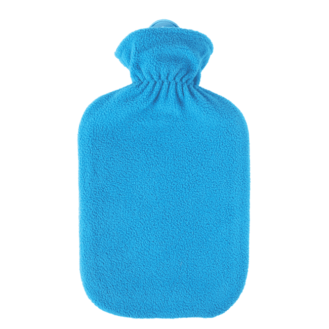 Hellblaue Wärmflasche 2,0 Liter mit weichem Plüschbezug, ideal für die Anwendung bei Verspannungen und Schmerzen.