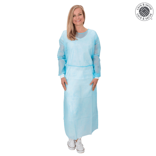 Vlies-Kittel premium plus care & serve® EN 14126 in Hellblau, langärmelig mit elastischen Bündchen, ideal für medizinische Einweg-Bekleidung.
