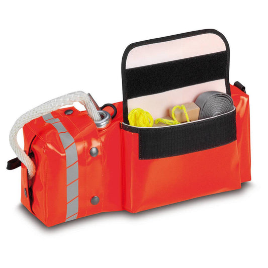 Leinenbeutel tagesleuchtorange PAX mit geöffnetem Fach, zeigt Seil, Karabiner und Zubehör für Feuerwehr-Sicherheitsausrüstung.