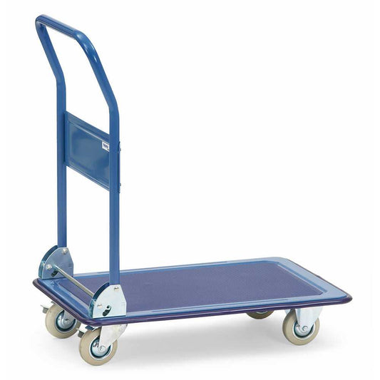 Plattformwagen klappbar mit Rohrschiebebügel aus pulverbeschichtetem Stahl, rutschfeste Plattform und Vollgummireifen für Industrieeinsatz.