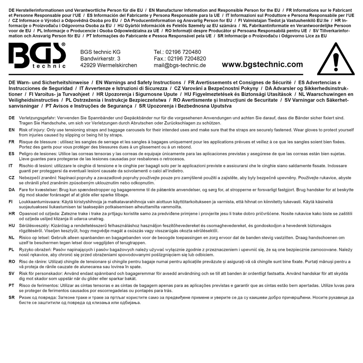 Rückseite der Verpackung des Spannband-Satzes mit Schnellverschluss 2,5 m x 25 mm 2-tlg. mit Herstellerinformationen und Sicherheitshinweisen.