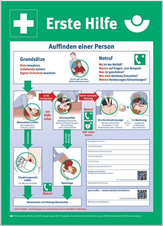 Anleitung zur Ersten Hilfe – Grünes Schild gemäß DGUV 204-006 mit klaren Schritten zur Notfallversorgung. Ideal für Arbeitsplätze und öffentliche Räume.