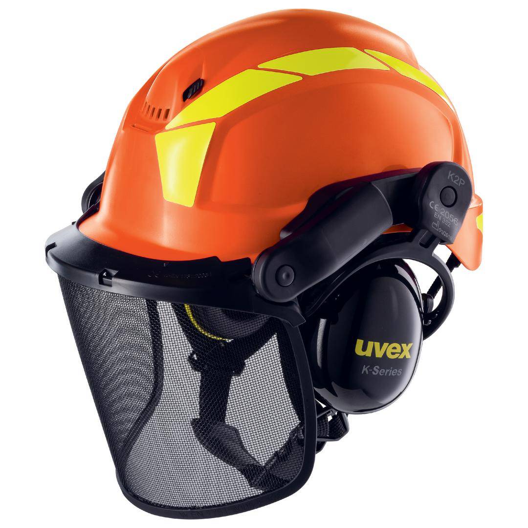 uvex pheos forestry Schutzhelm in Orange mit integriertem Gesichtsschutz und Gehörschutz, perfekt für sichere Forstarbeiten im Wald.