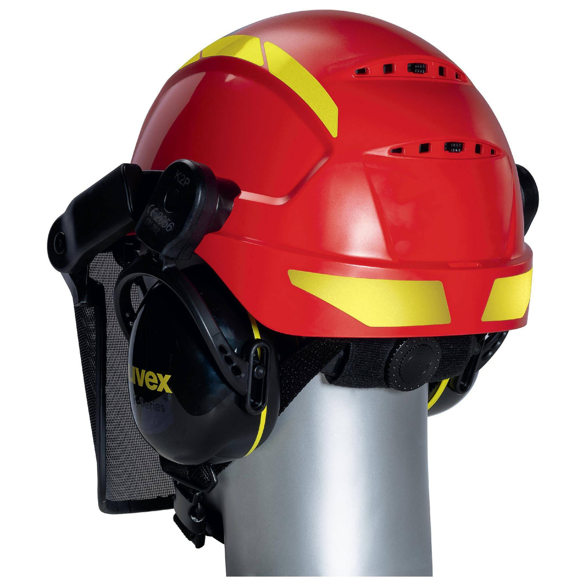 uvex pheos forestry Schutzhelm von hinten mit Gehörschutz und reflektierenden Streifen, ideal für den Einsatz in der Forstwirtschaft.