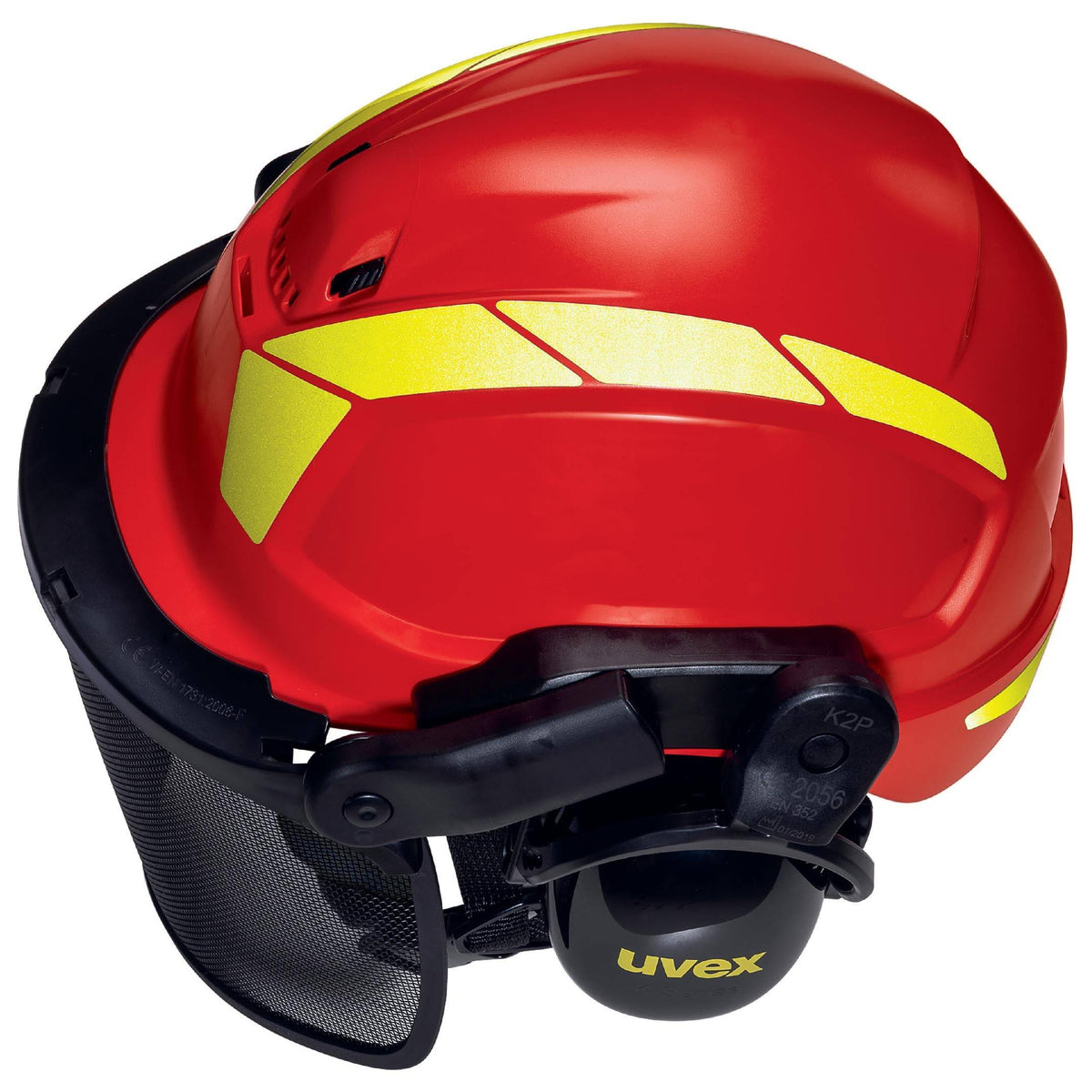 uvex pheos forestry Schutzhelm mit hochgeklapptem Visier und Gehörschutz, zeigt die ausbalancierte Parkposition für flexible Forstarbeit.