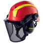 uvex pheos forestry Schutzhelm in Rot mit Visier und Gehörschutz, ideal für Wald- und Forstarbeit, optimaler Kopfschutz im Forstbereich.