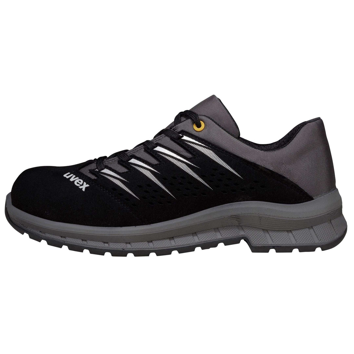 Seitliche Ansicht des Uvex 2 Trend S3 Sicherheitsschuhs in Grau als robuster Halbschuh für Indoor- und Outdoor-Arbeitsumgebungen.