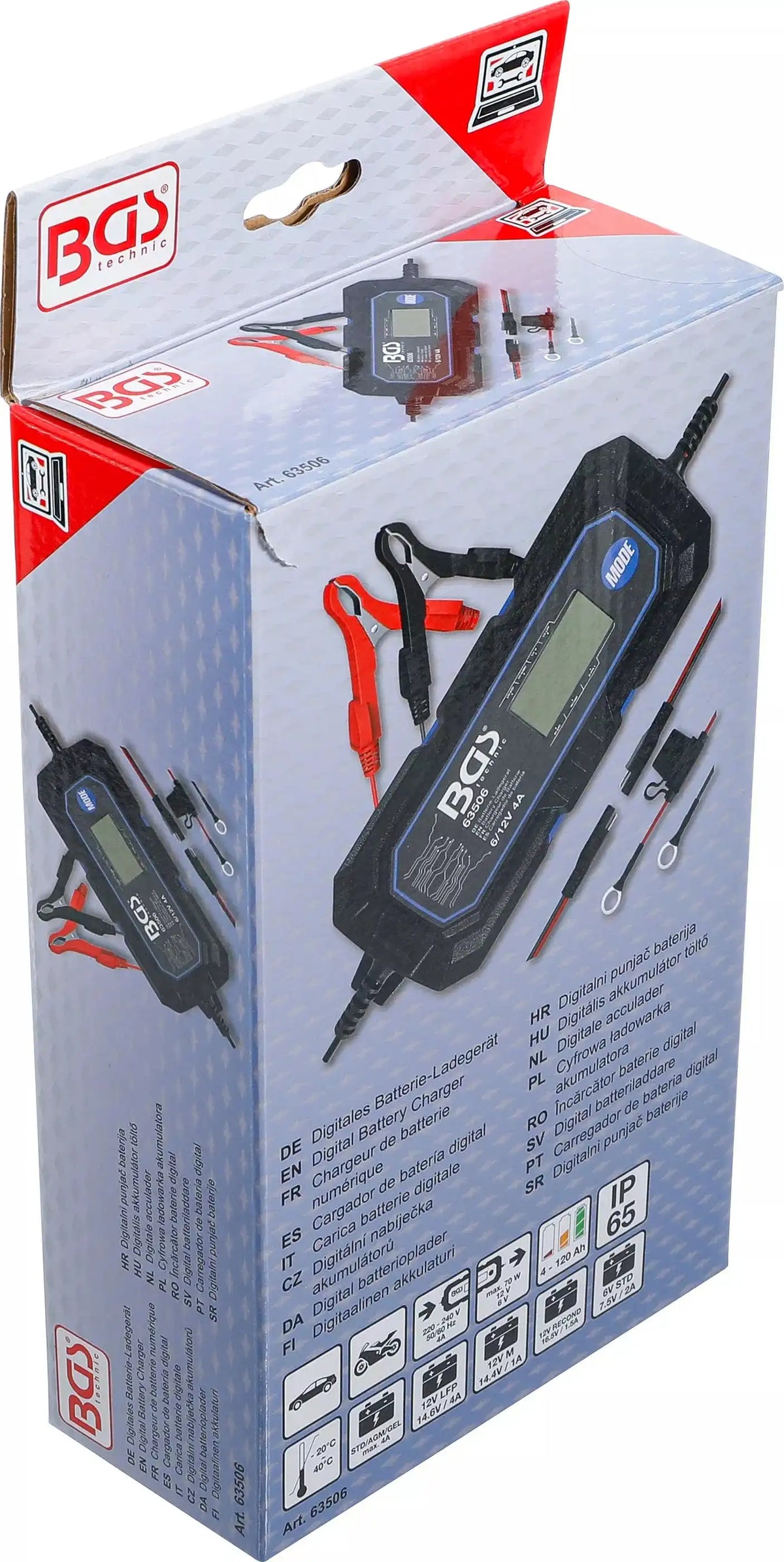 Verpackung des digitalen Batterie-Ladegeräts 6/12 V mit Produktabbildung, technischen Daten und mehrsprachiger Beschreibung.