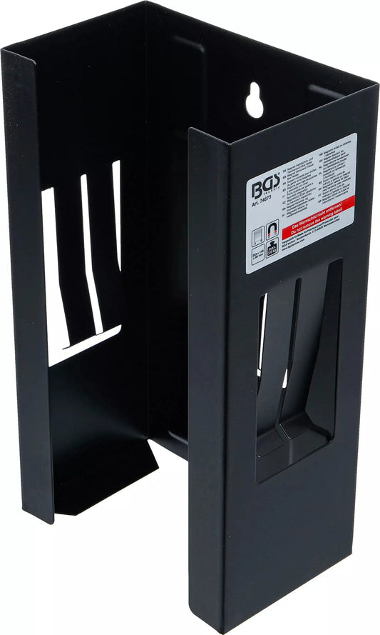 Magnetischer Handschuhhalter aus schwarzem Metall zur Wandmontage, ideal zur Aufbewahrung von Einweghandschuhboxen in Werkstätten.
