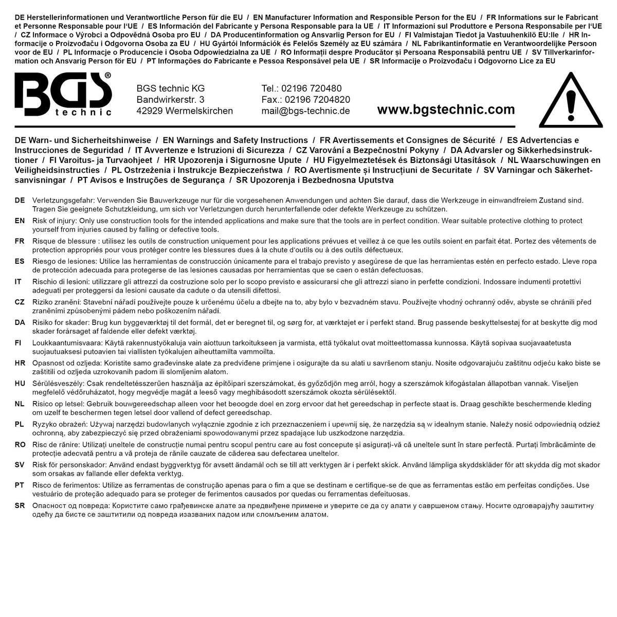 Rückseite der Verpackung der Absperrkette Rot-Weiß Kunststoff 5 m mit Herstellerangaben und Sicherheitshinweisen in mehreren Sprachen.