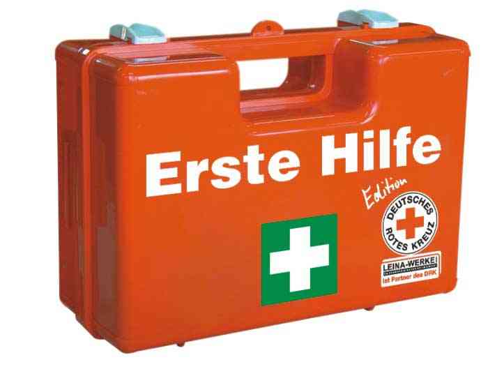 Erste Hilfe-Koffer SAN DRK-Edition leer in Orange mit weißem 'Erste Hilfe' Aufdruck. Robuster Koffer ohne Inhalt, ideal für Notfallausrüstung.