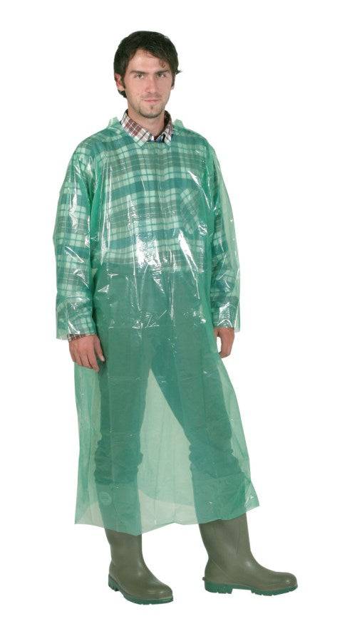 Einwegmantel PE mit langen Ärmeln 20 St by Medasi.shop, grün, getragen von einer Person, ideal für den Einsatz in medizinischen und industriellen Umgebungen.