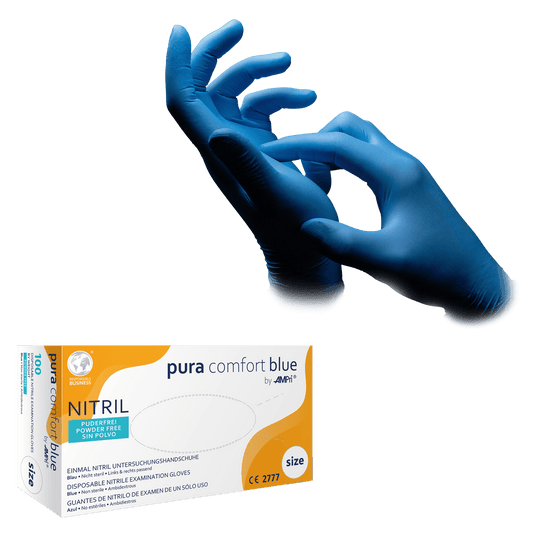 PURAcomfort Nitrilhandschuhe - Blau, Puderfrei | Sicherheit für Medizin und Pflege, beidhändig tragbar, allergikerfreundlich und lebensmittelecht.