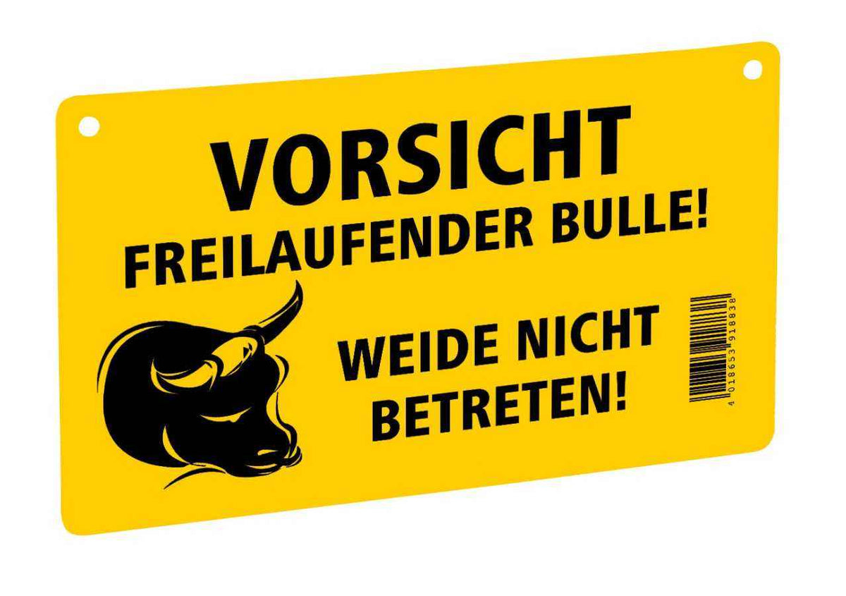 Warnschild mit Bulle, gelber Hintergrund, Warnung vor freilaufendem Bullen, Weide nicht betreten, Kunststoff, industrial