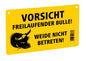 Warnschild mit Bulle, gelber Hintergrund, Warnung vor freilaufendem Bullen, Weide nicht betreten, Kunststoff, industrial