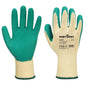 Grip Latex-Handschuh A100 Portwest in Grün mit gelbem Trägermaterial, ideal für chemikalienresistente Einsätze im Arbeitsschutz.