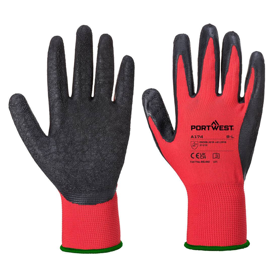 Flex Grip Latex Handschuh A174 - Portwest Rot/Schwarz mit schwarzer Latexbeschichtung und rotem Handrücken für optimalen Arbeitsschutz.