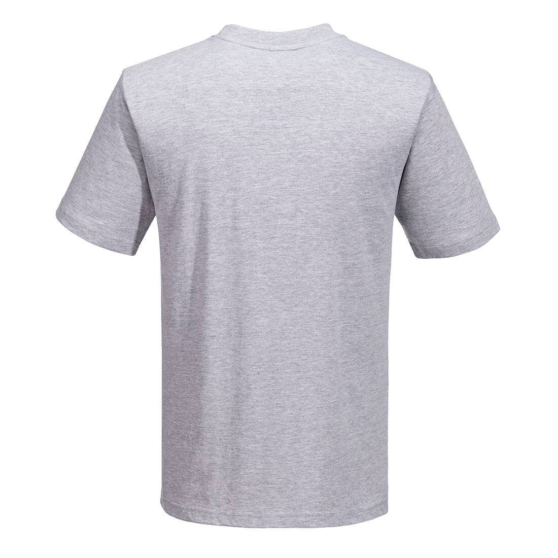 Rückansicht des T-Shirt Turin Premium B195 Portwest in Grau aus 100 % Baumwolle (195 g/m²), perfekt für professionelle Arbeitsumgebungen.