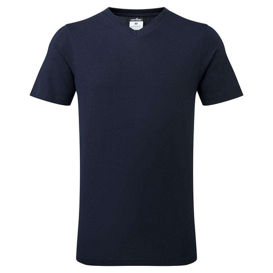 Vorderansicht des navyblauen T-Shirts mit V-Ausschnitt – Slim Fit, strapazierfähig & ideal für personalisierte Sports Fan Accessoires.