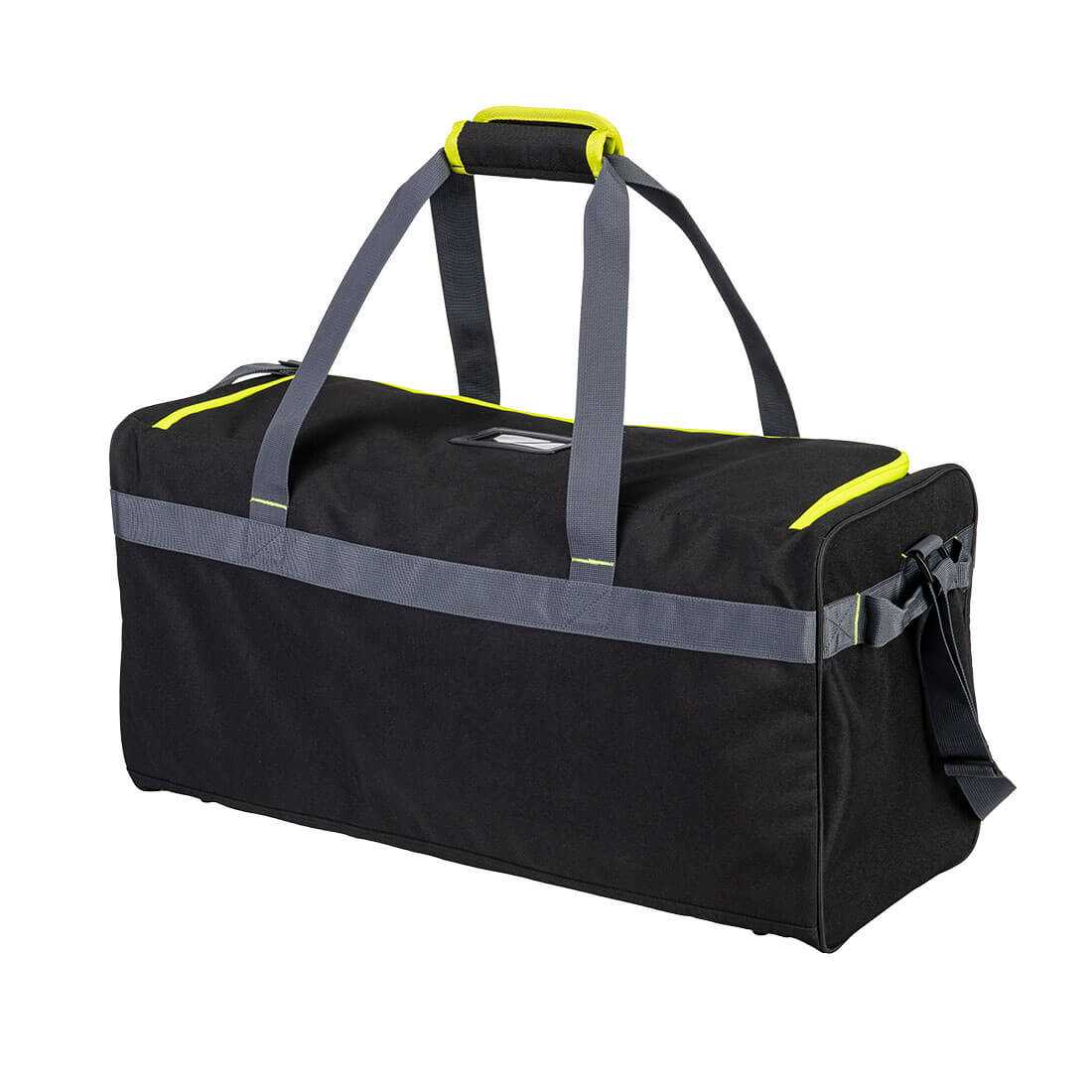 Rückansicht der Bekleidungstasche Seesack Schwarz B960 - 60L mit verstärkten Tragegriffen und wasserabweisendem Material für Reisen oder Arbeit.