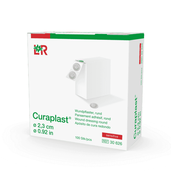 Curaplast Pflasterstrips 2,3cm - 100 Stück in Spenderkarton, sensitive Wundpflaster mit hautfreundlichem Kleber und Netzfolie für empfindliche Haut.