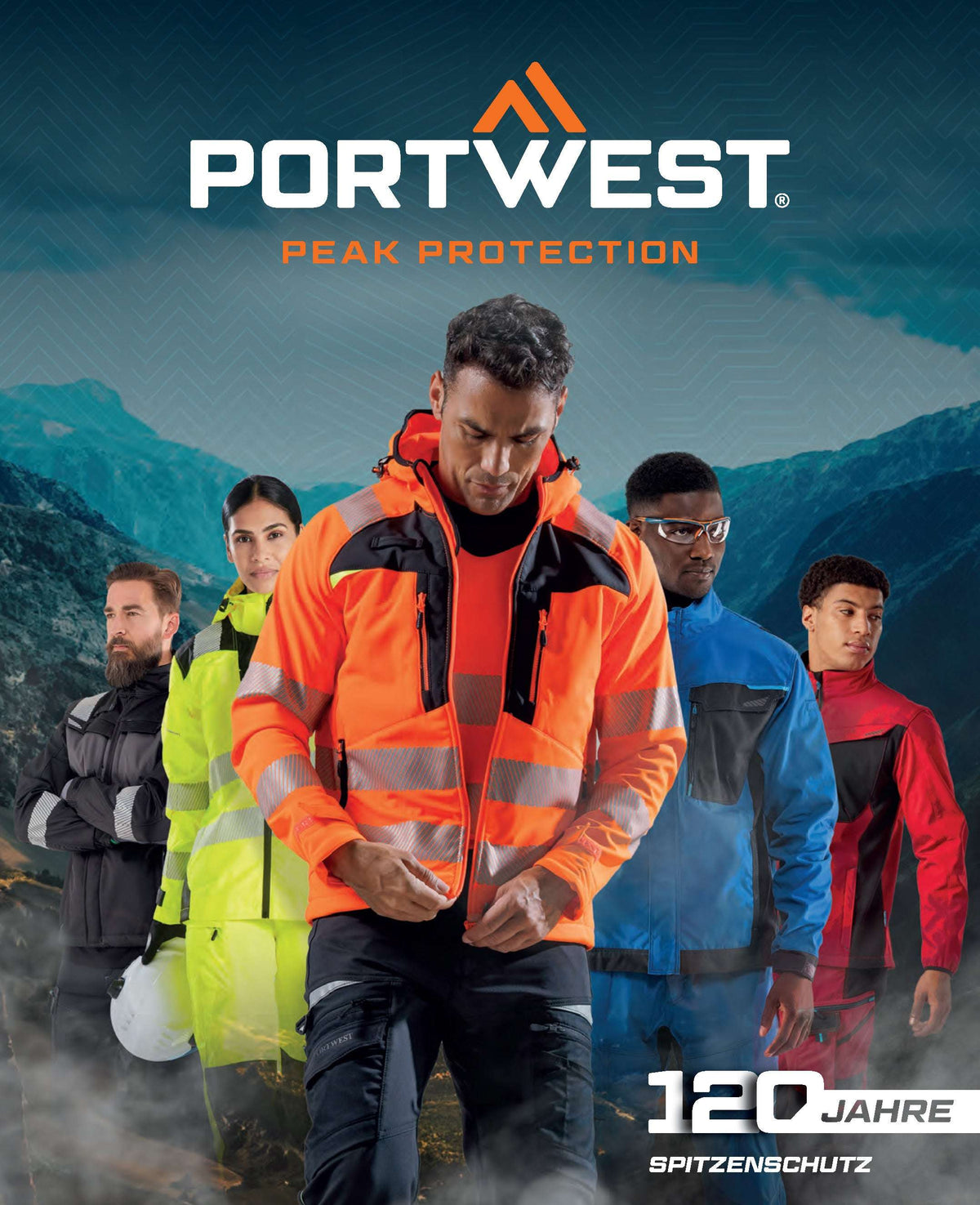 Katalog Portwest Blätterkatalog oder gedrukte Ausgabe mit Arbeitskleidung und PSA für Industrie und Handwerk, Titelbild mit Modellen in Schutzkleidung.