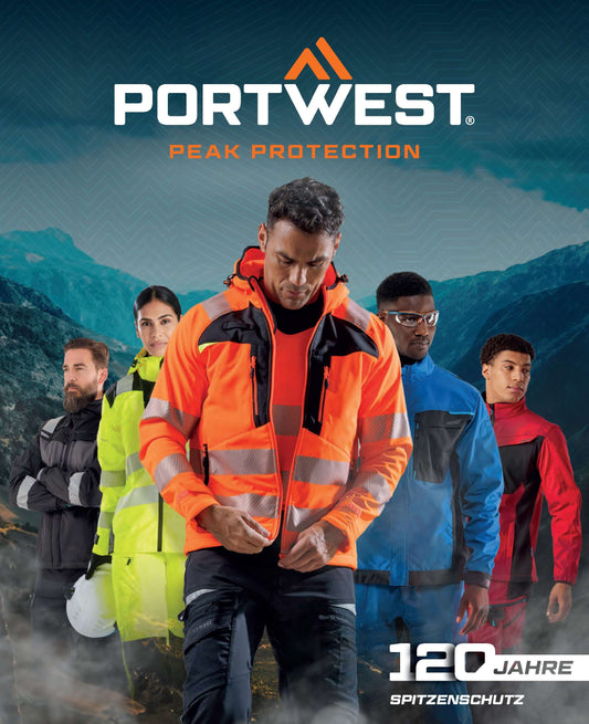 Katalog Portwest Blätterkatalog oder gedrukte Ausgabe mit Arbeitskleidung und PSA für Industrie und Handwerk, Titelbild mit Modellen in Schutzkleidung.