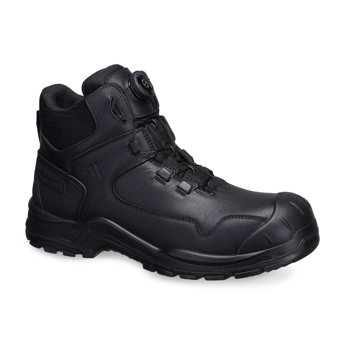 Robuste Portwest S3 FC38 Sicherheitsschuhe aus schwarzem Leder mit hitzebeständiger Sohle und ergonomischem Design für den Arbeitsschutz.