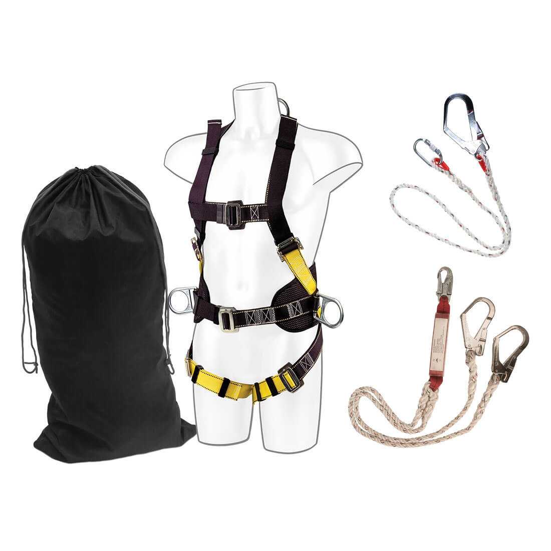 Portwest Fallschutzset FP65 für Gerüstbauer mit 2-Punkt-Gurt, Verbindungsmittel, Halteseil und Nylontasche für Arbeitssicherheit auf Baustellen.