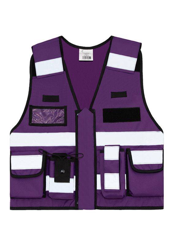 Lila Tactical Vest Bonn mit reflektierenden Streifen und funktionalen Taschen, perfekt für Event- und Einsatzbekleidung.