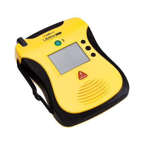 Defibtech Lifeline VIEW AED Medasi.shop in gelb-schwarzem Design mit großem Display und Schocktaste. Kompakter AED für den industriellen Einsatz.