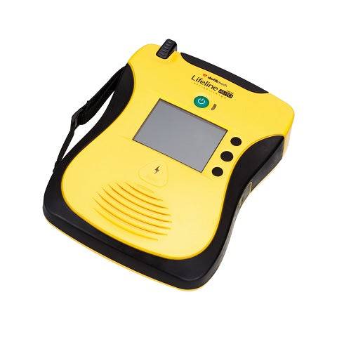 Defibtech Lifeline VIEW AUTO AED in schräger Ansicht, kompakter und benutzerfreundlicher Defibrillator mit Display für einfache Bedienung – Medasi.shop.
