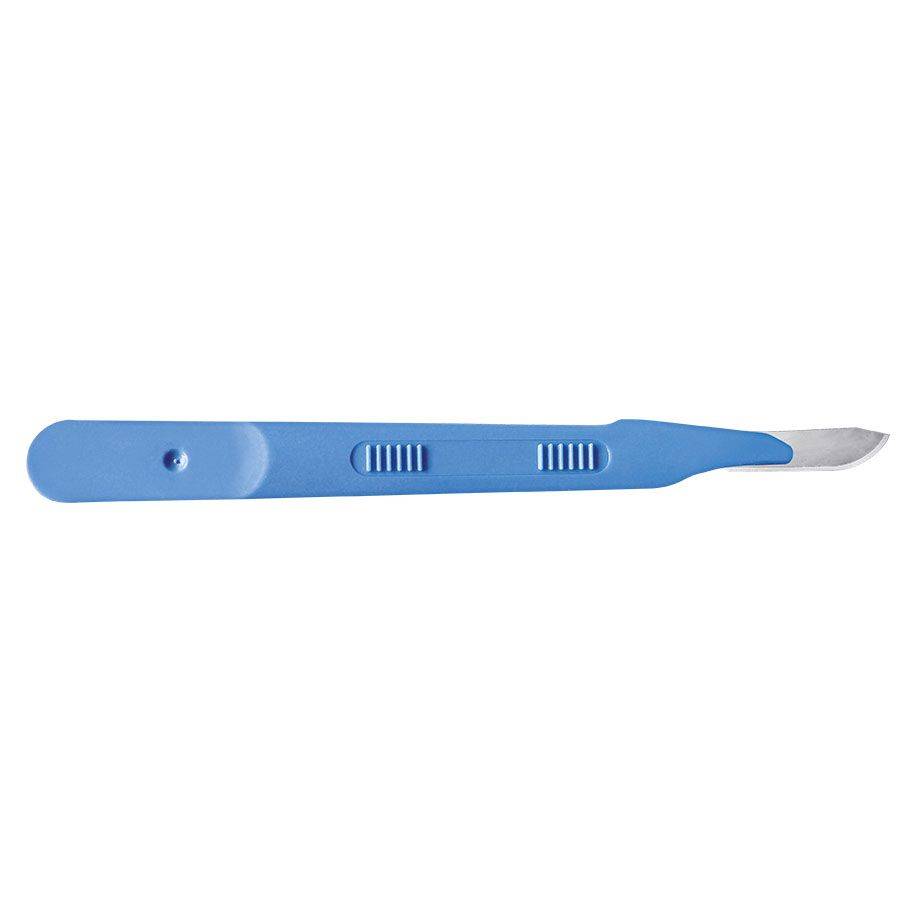 Einweg-Skalpell Fig. 10 steril mit Edelstahlklinge und blauem Kunststoffgriff für präzise medizinische Eingriffe. Ideal für den Einmalgebrauch im OP.