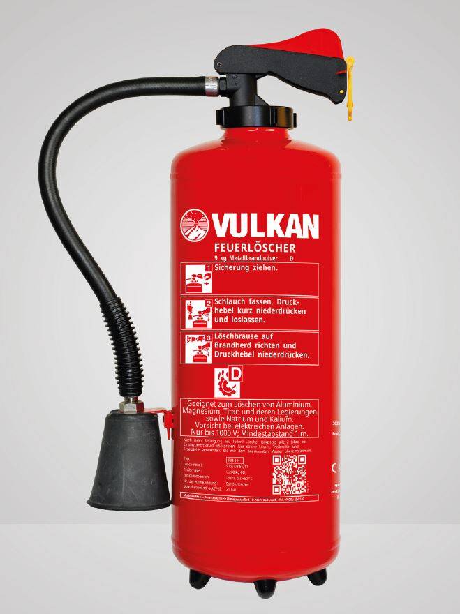 Metallbrand-Aufladefeuerlöscher mit Hebelarmatur PM 9 H von Vulkan für Klasse D Brände, mit rotem Stahlbehälter und Löschlanze.