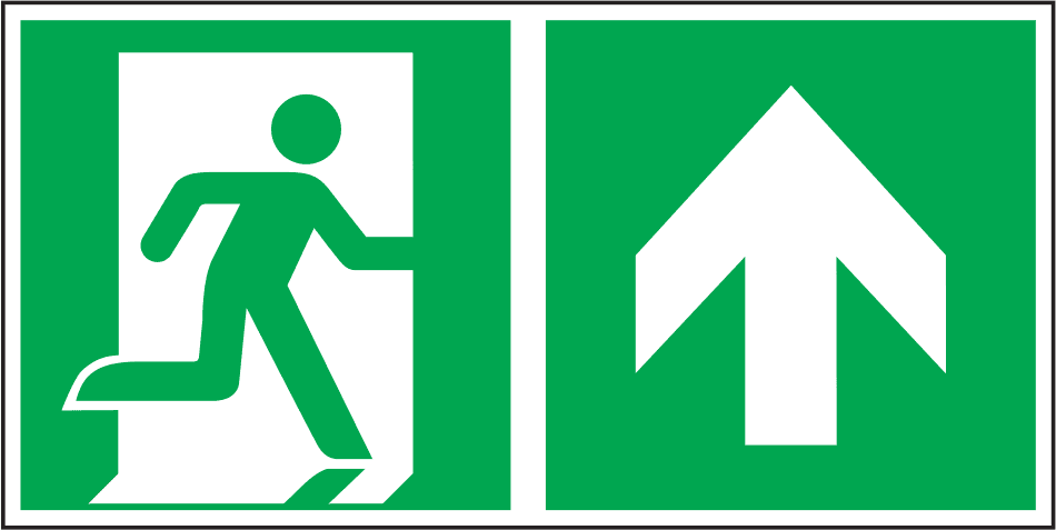 Notausgangsschild gerade – Kombischild ISO 7010 E001 + E005 mit Fluchtwegpiktogramm und Richtungspfeil nach oben, langnachleuchtend und selbstklebend.