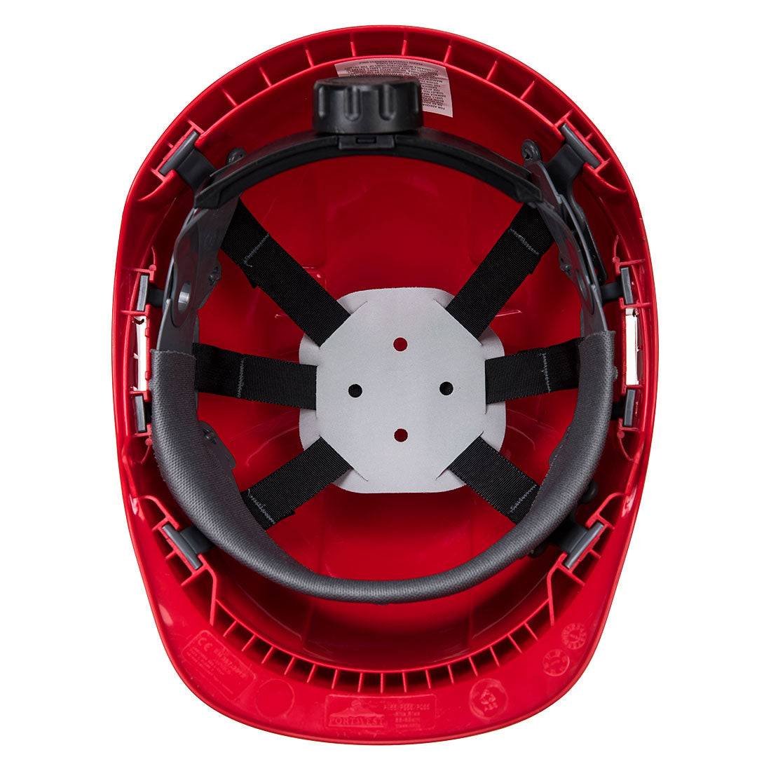 Innenansicht des roten Portwest Endurance Helms PB55 mit ergonomischem Innenfutter und Belüftungssystem für ganztägigen Komfort.