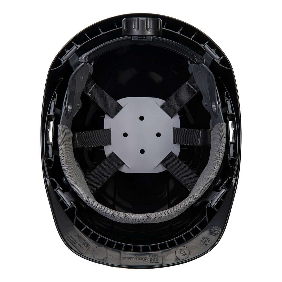 Innenansicht des schwarzen PS54 Schutzhelms von Portwest mit ergonomischem Gurt und elektrischer Isolierung für Industrieeinsätze.